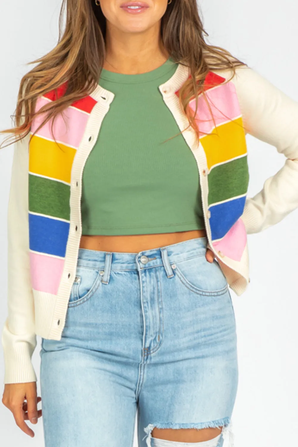 White Stripe Colourful Pattern Button Front Sweater Cardigan sold by Beagle Boutique