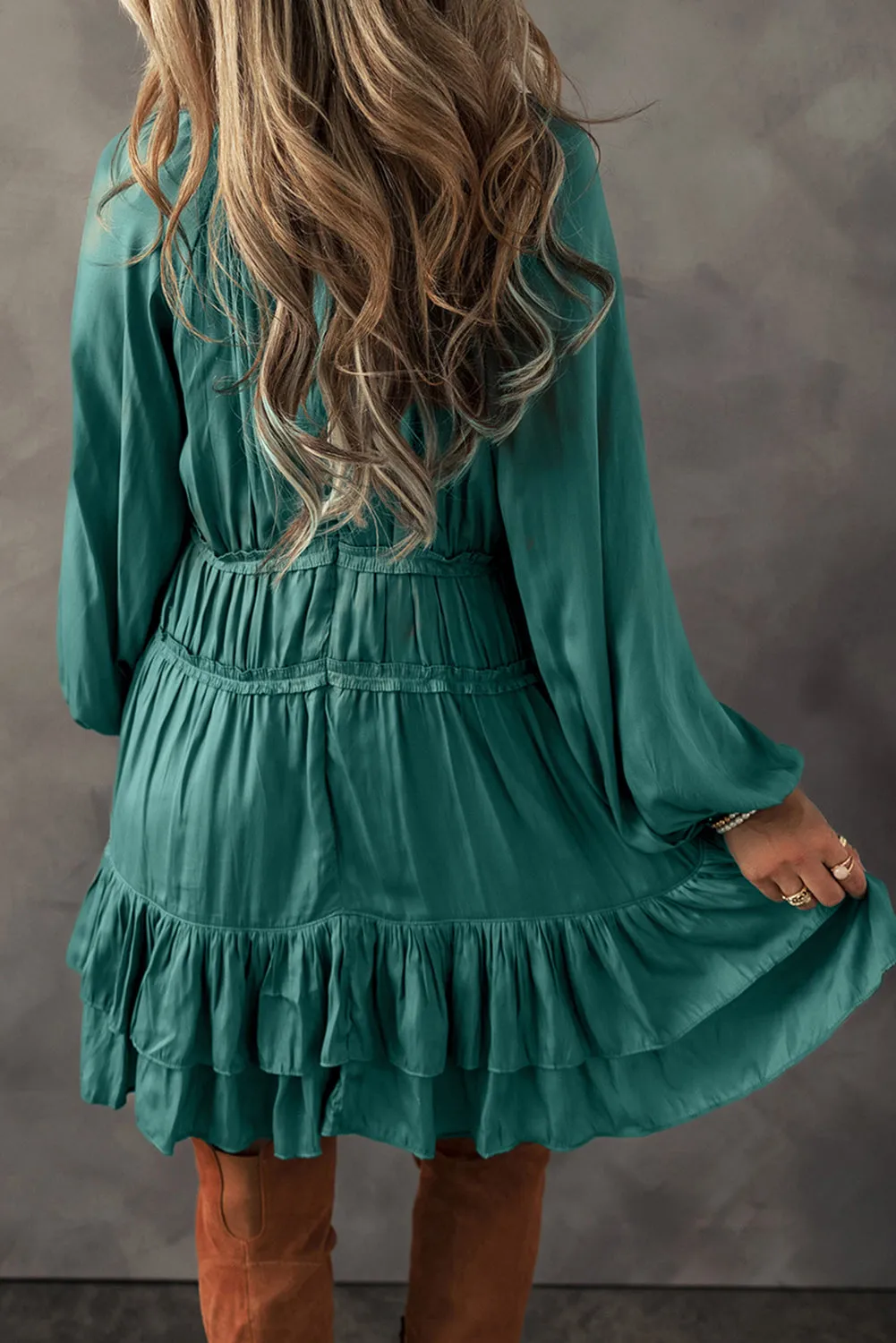 Mist Green Tiered Ruffled Puff Sleeve Loose Fit Mini Dress sold by Beagle Boutique product image thumbnail 2