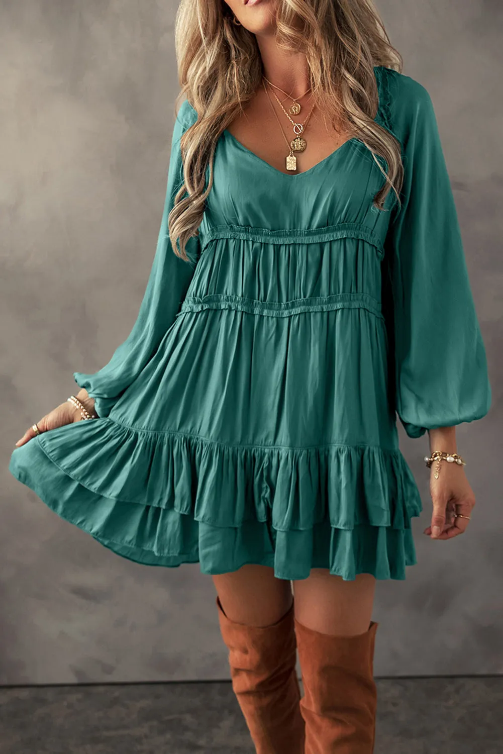 Mist Green Tiered Ruffled Puff Sleeve Loose Fit Mini Dress sold by Beagle Boutique