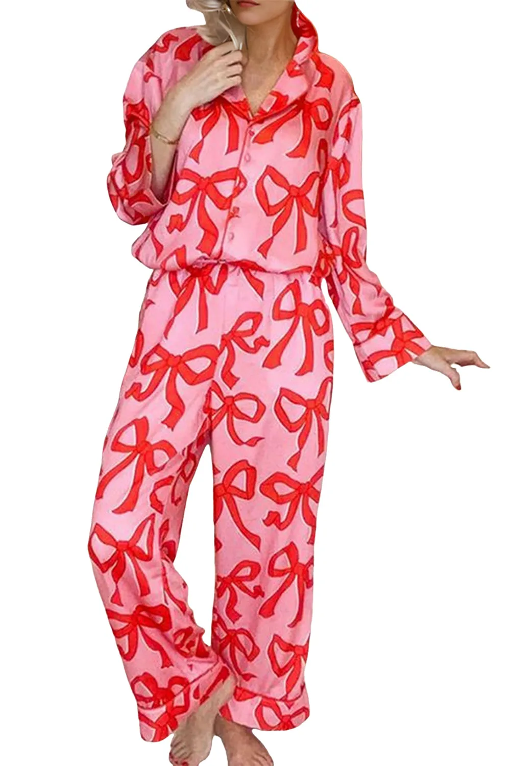 Pink 2pcs Bow Print Shirt Style Long Sleeve Pyjama Set sold by Beagle Boutique product image thumbnail 4