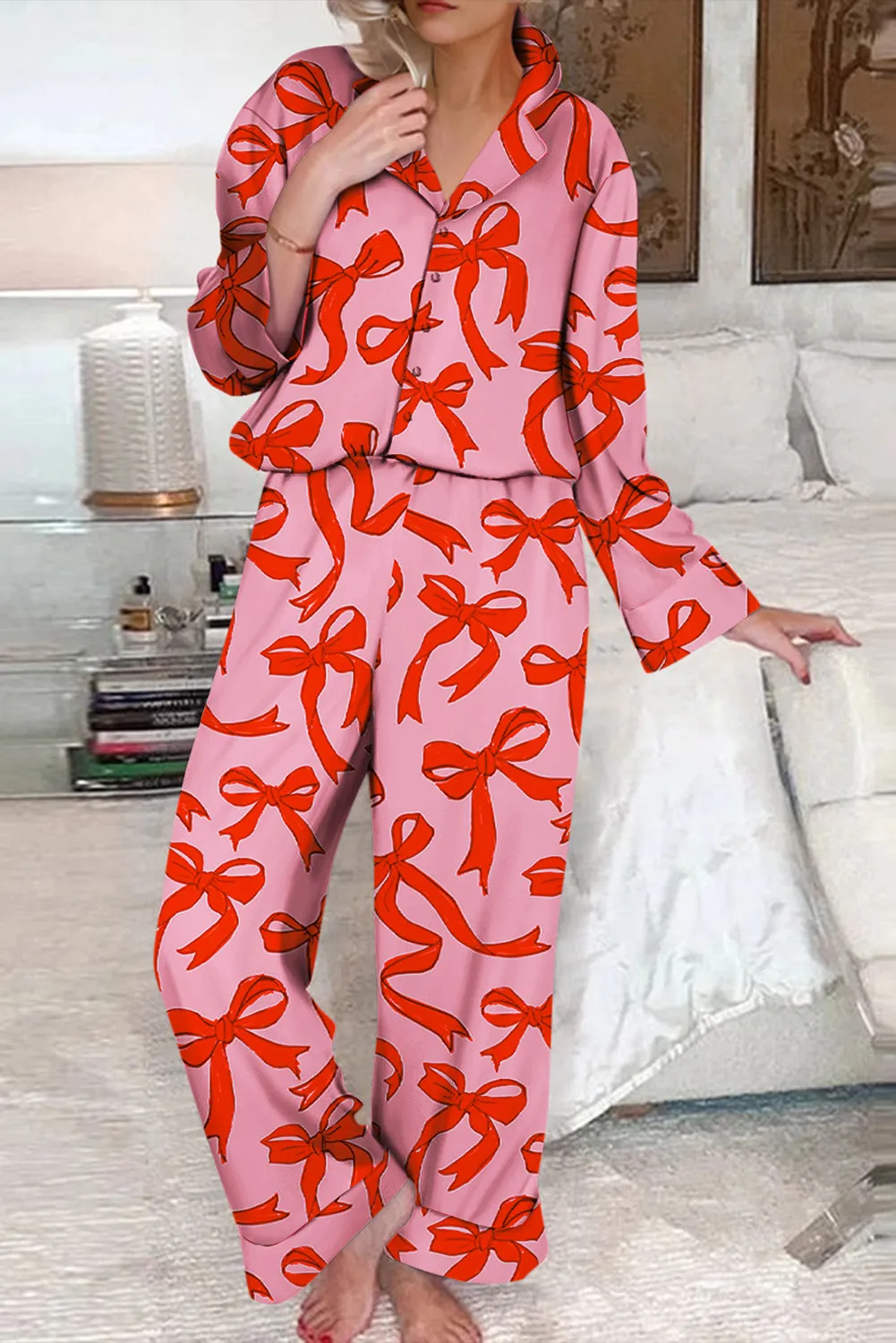 Pink 2pcs Bow Print Shirt Style Long Sleeve Pyjama Set sold by Beagle Boutique product image thumbnail 3