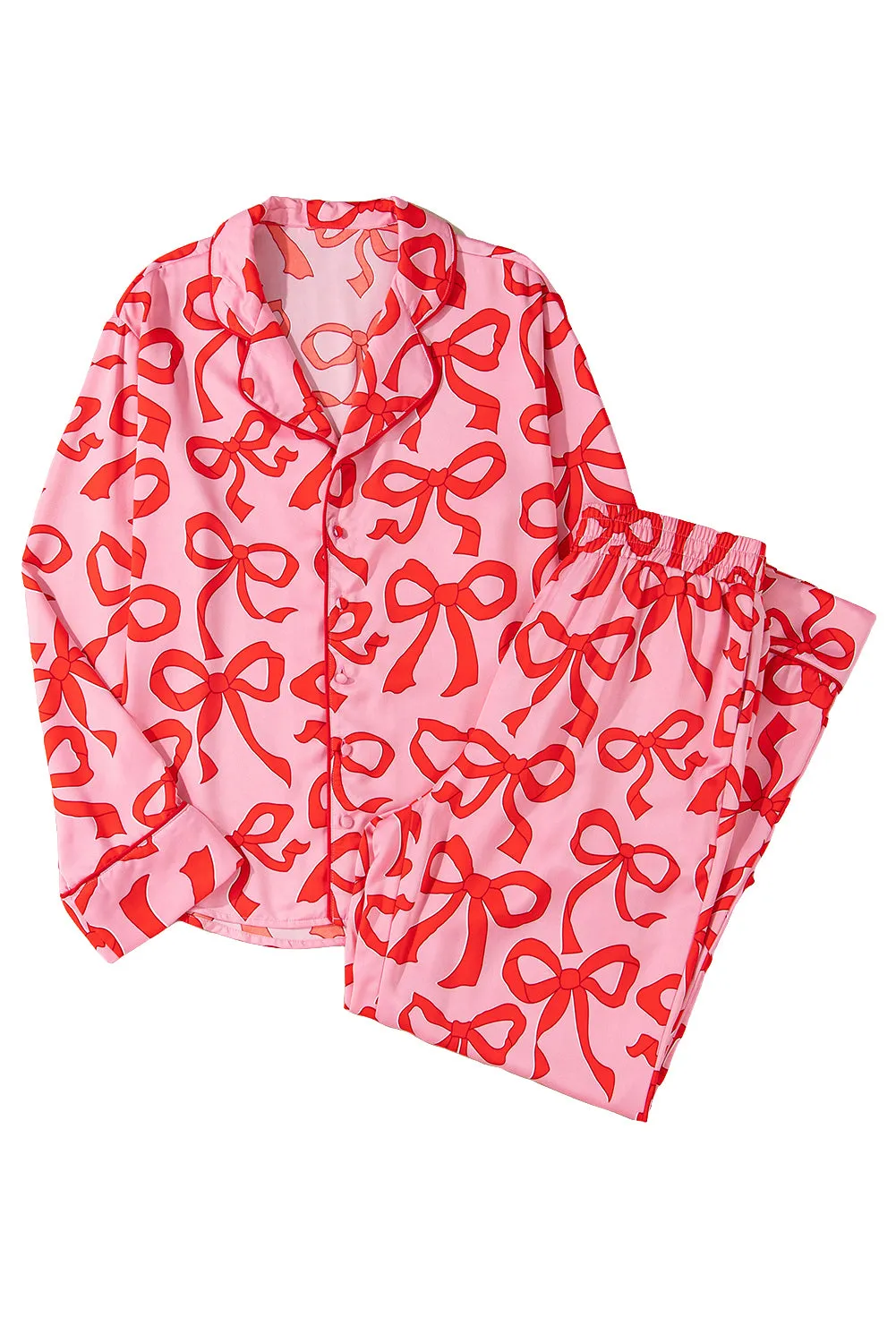 Pink 2pcs Bow Print Shirt Style Long Sleeve Pyjama Set sold by Beagle Boutique product image thumbnail 5