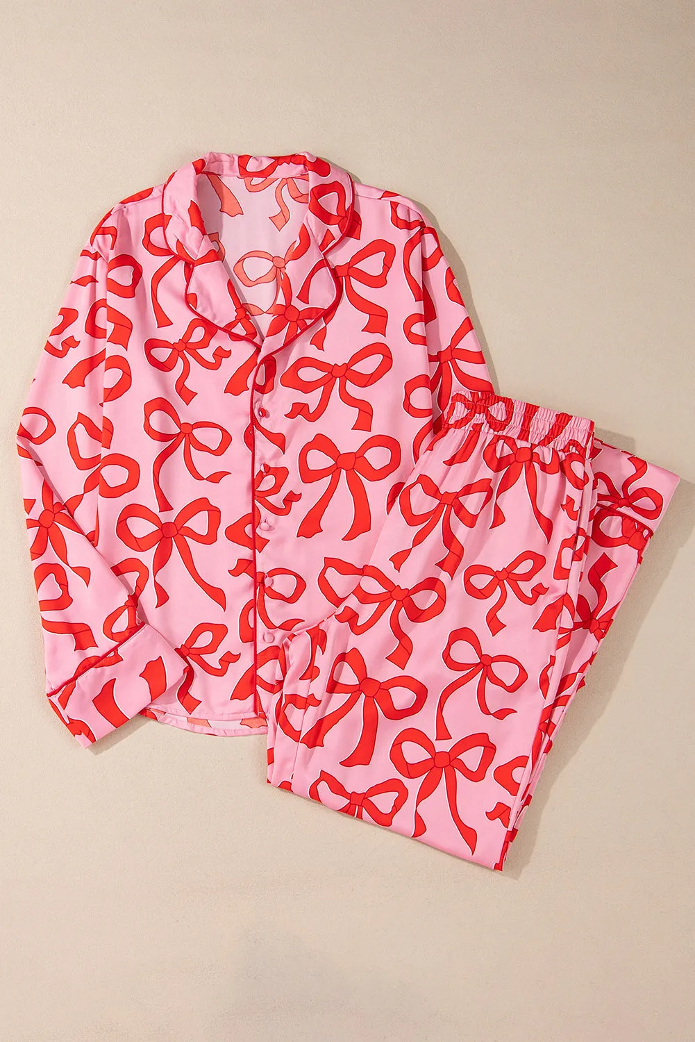 Pink 2pcs Bow Print Shirt Style Long Sleeve Pyjama Set sold by Beagle Boutique product image thumbnail 2