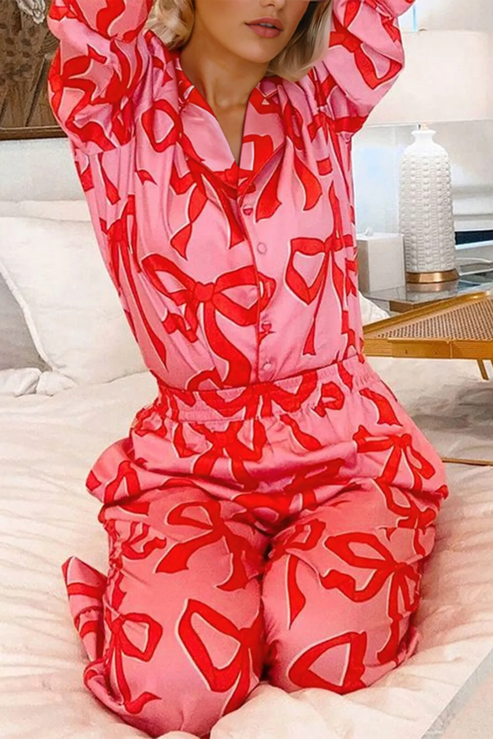 Pink 2pcs Bow Print Shirt Style Long Sleeve Pyjama Set sold by Beagle Boutique