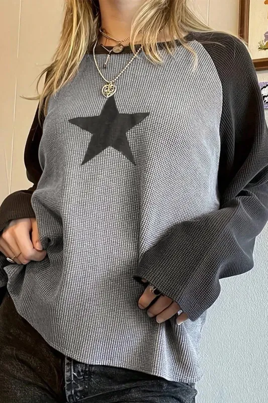 High Waffle Knit Colourblock Star Patch Graphic Raglan Top sold by Beagle Boutique