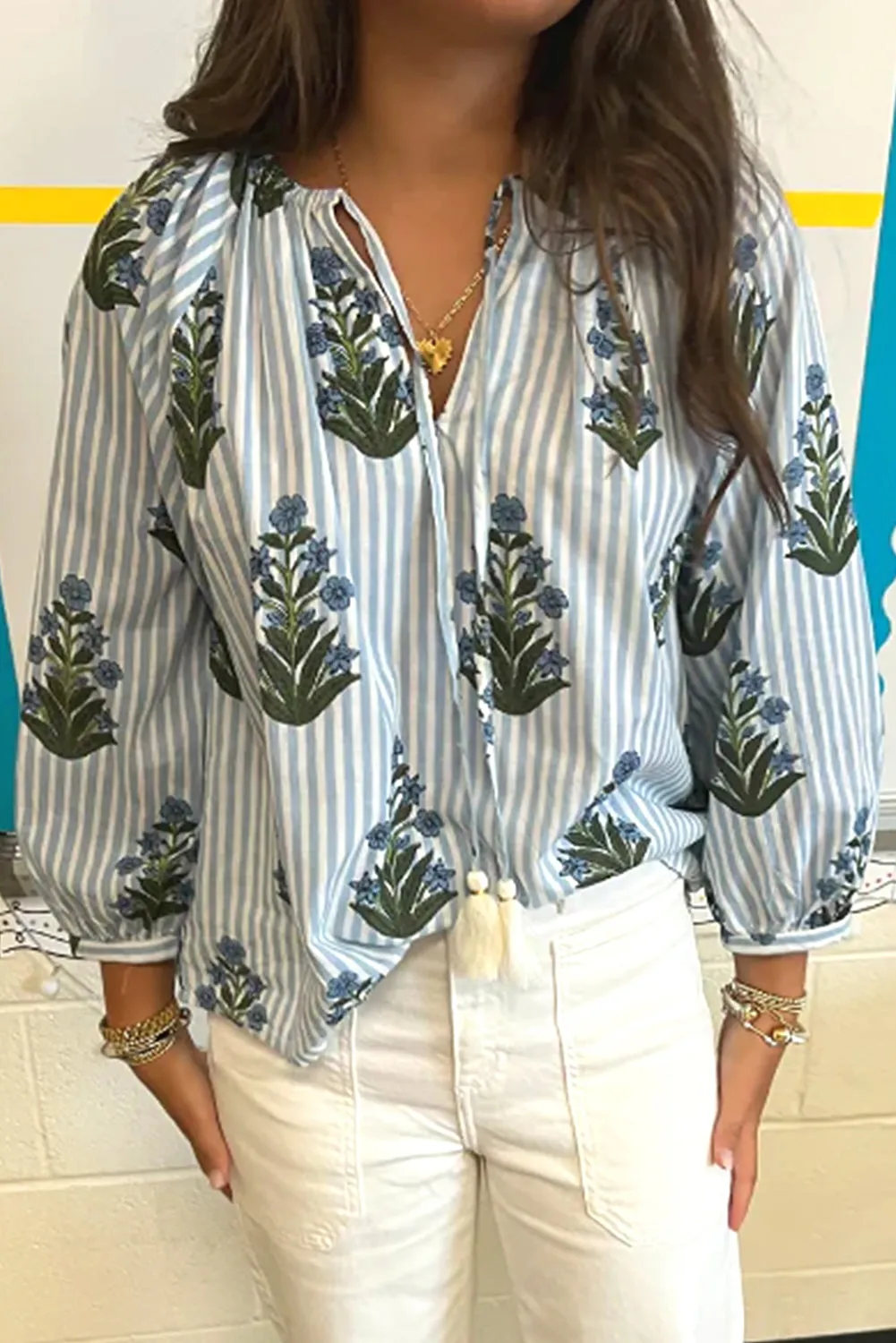 Beau Blue Striped Floral Printed Long Sleeve Tied V Neck Blouse sold by Beagle Boutique