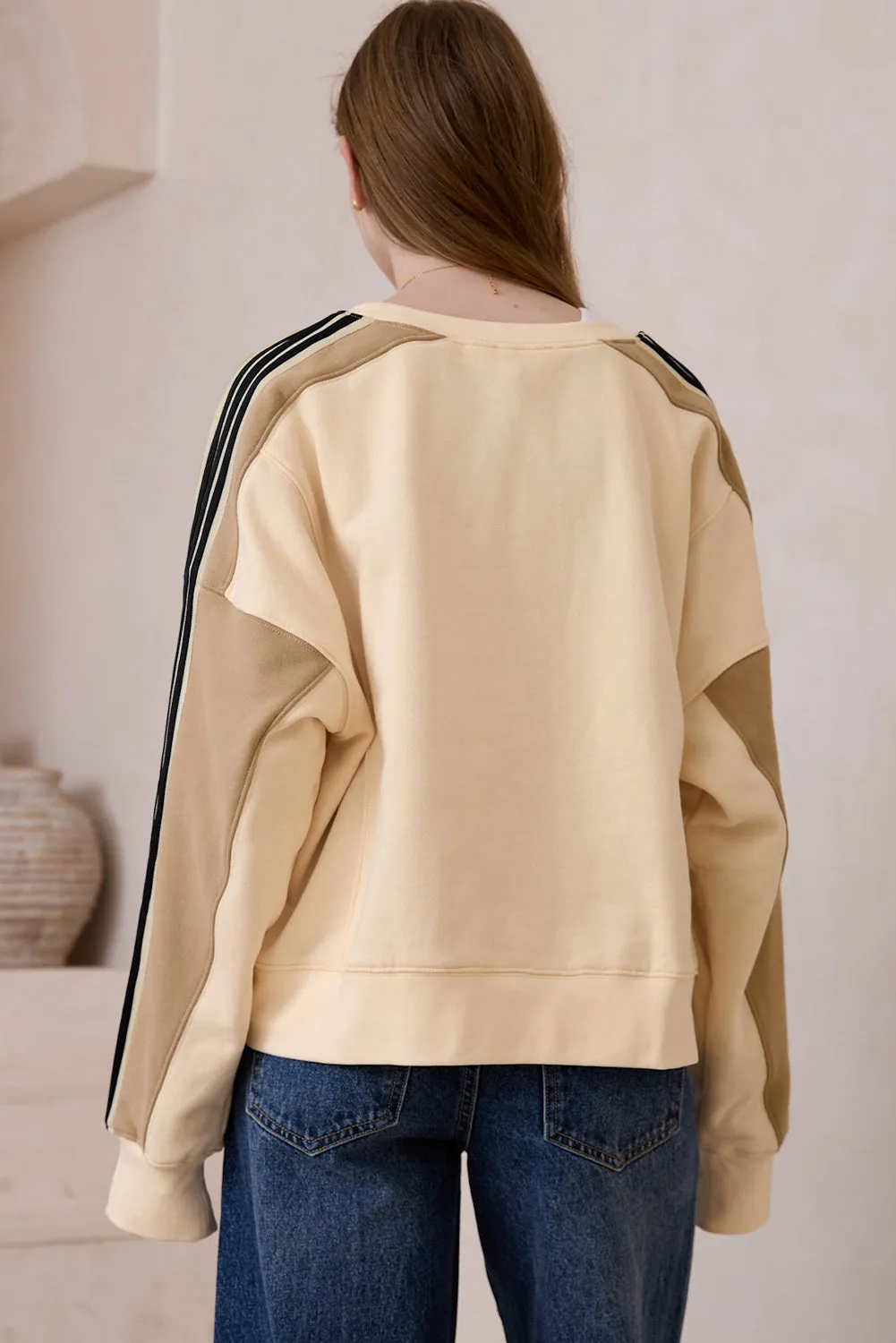 Beige Contrast Striped Patchwork Drop Shoulder Loose Sweatshirt sold by Beagle Boutique product image thumbnail 2