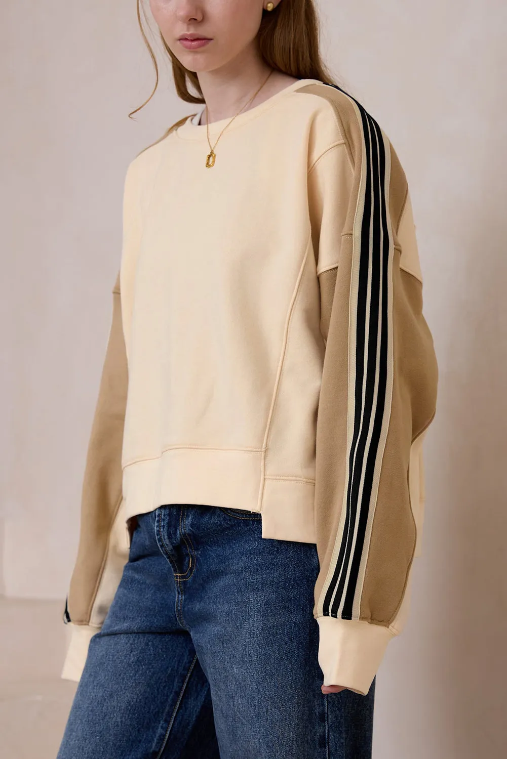 Beige Contrast Striped Patchwork Drop Shoulder Loose Sweatshirt sold by Beagle Boutique product image thumbnail 3