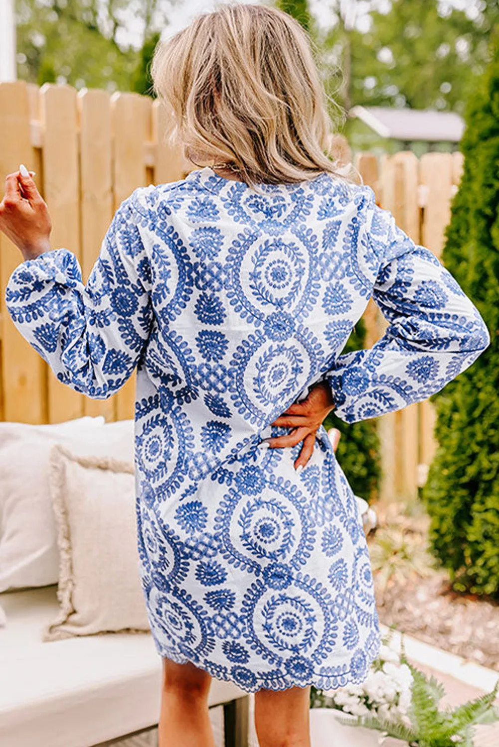 Blue Boho Floral Embroidered Notch V Neck Shift Mini Dress sold by Beagle Boutique product image thumbnail 2