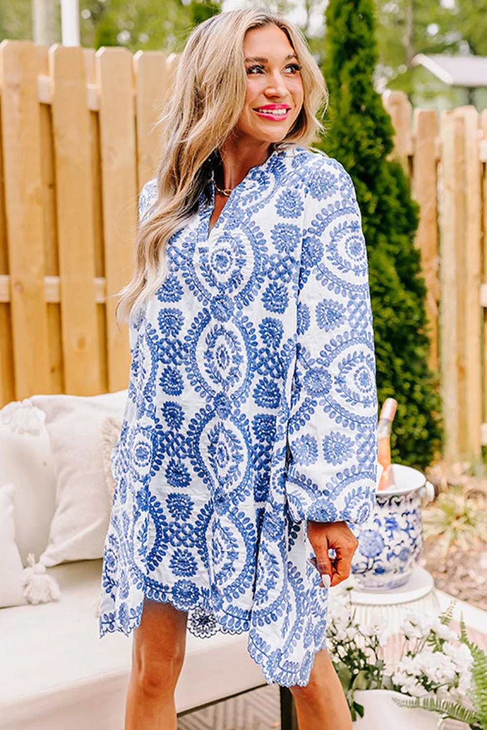 Blue Boho Floral Embroidered Notch V Neck Shift Mini Dress sold by Beagle Boutique product image thumbnail 3