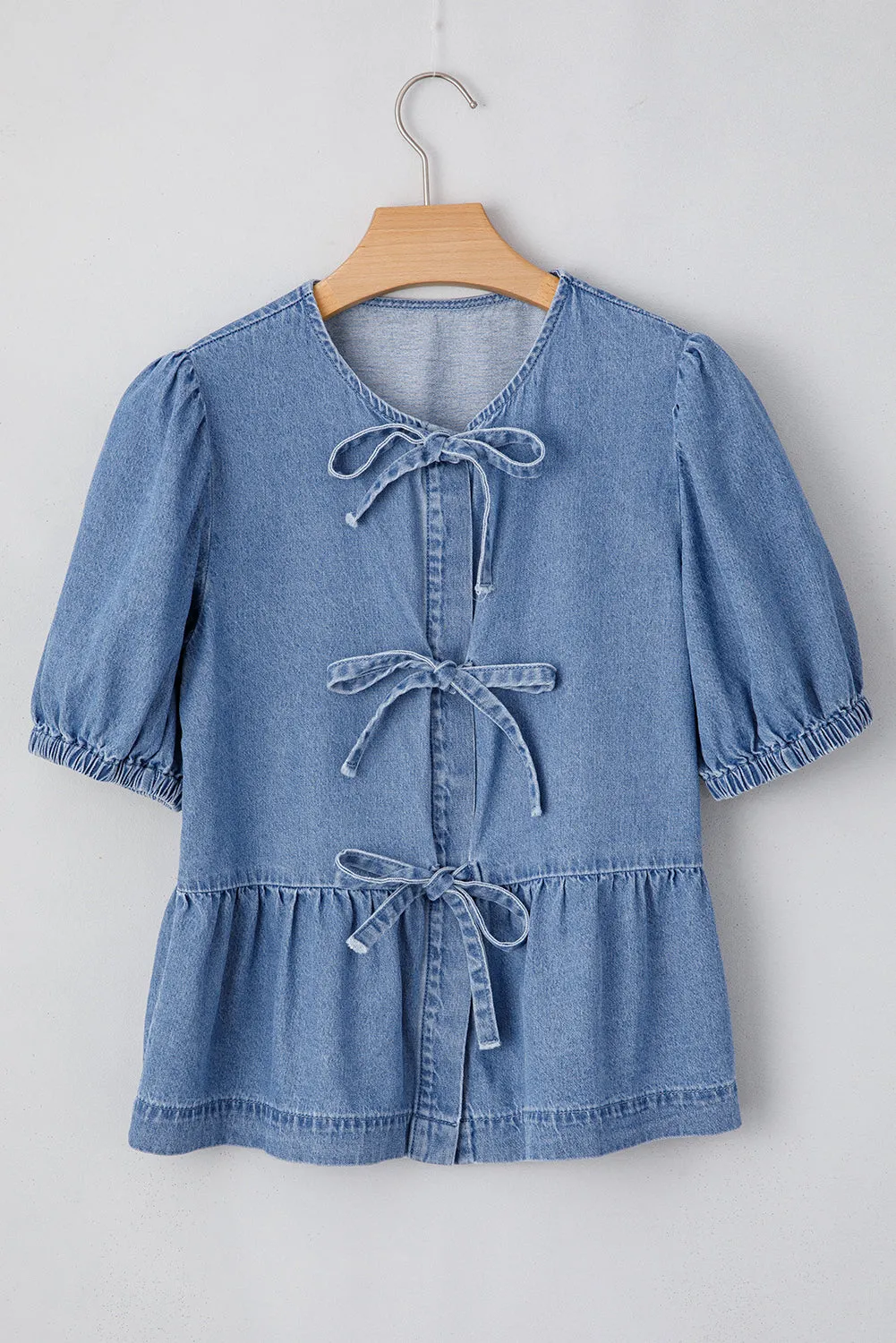 Dusk Blue Tied Front Bubble Sleeve Peplum Denim Shirt sold by Beagle Boutique product image thumbnail 3