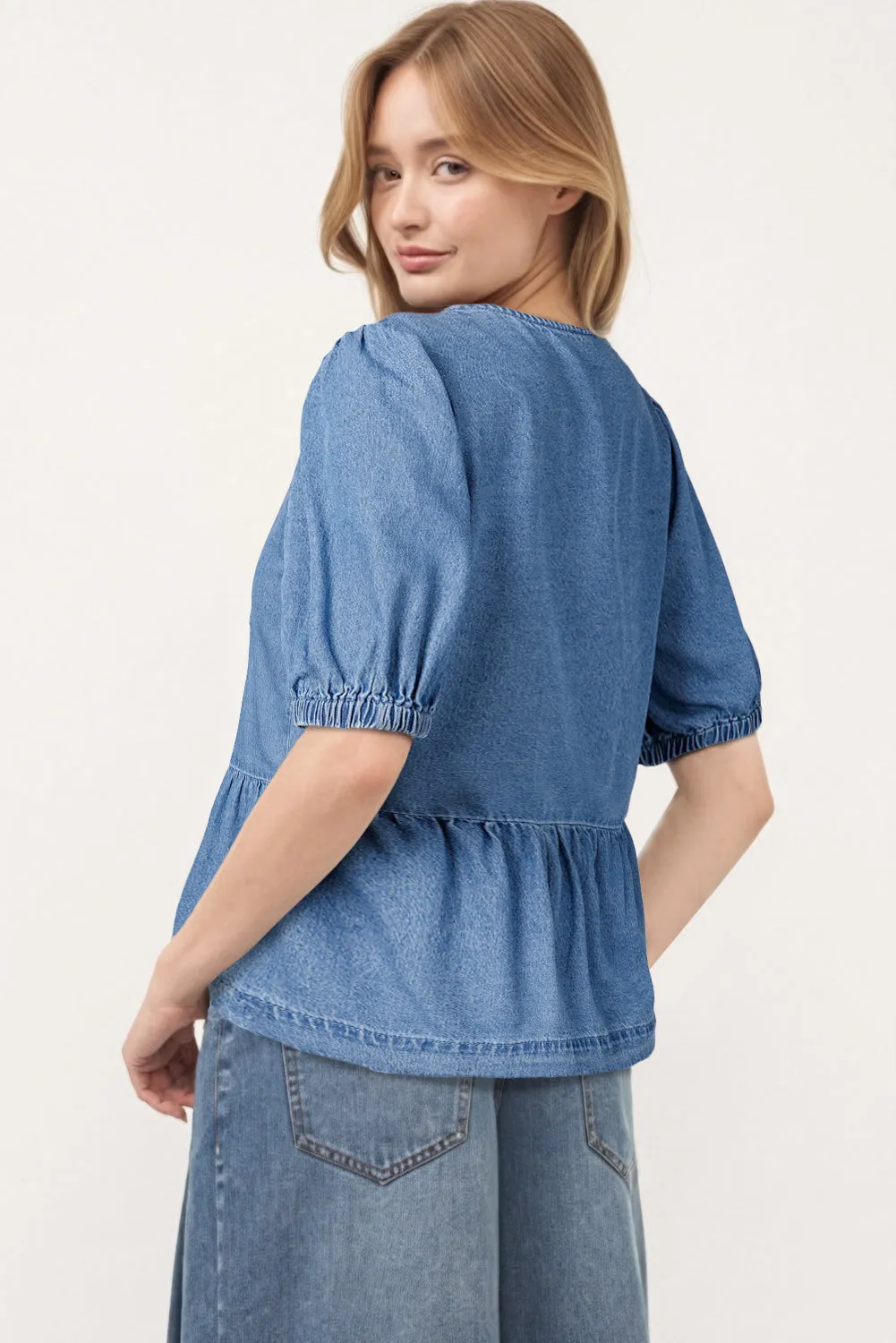 Dusk Blue Tied Front Bubble Sleeve Peplum Denim Shirt sold by Beagle Boutique product image thumbnail 2