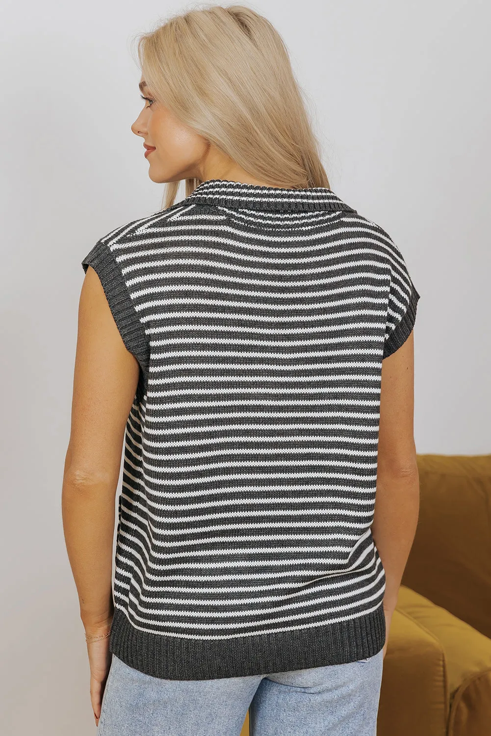 Grey Stripe Collared V Neck Sweater Vest with Pockets sold by Beagle Boutique product image thumbnail 5