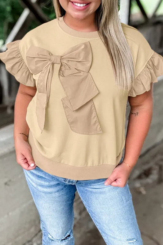 Parchment Ruffled Short Sleeve Bowknot Applique Crew Neck Plus Size Top sold by Beagle Boutique