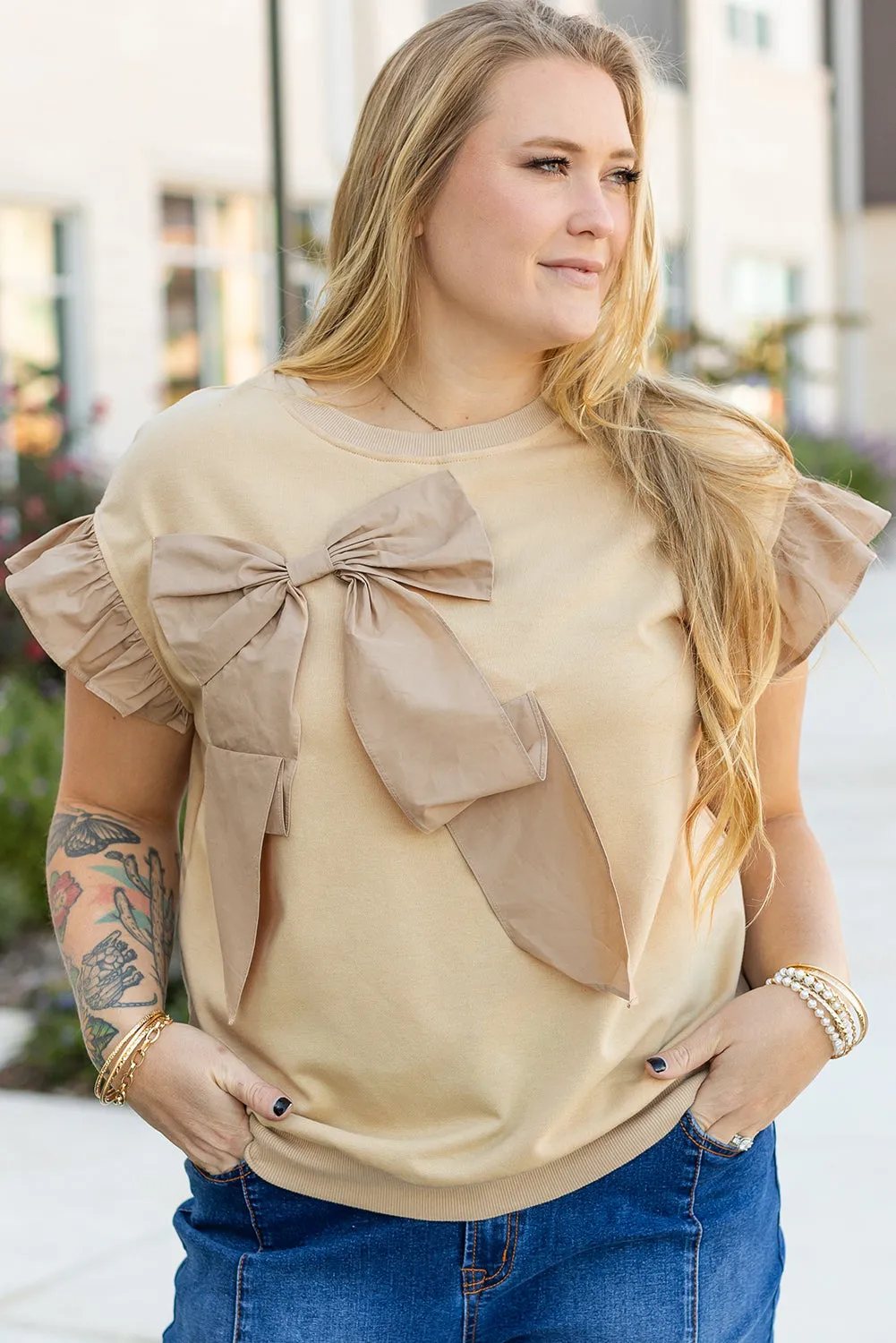 Parchment Ruffled Short Sleeve Bowknot Applique Crew Neck Plus Size Top sold by Beagle Boutique product image thumbnail 4