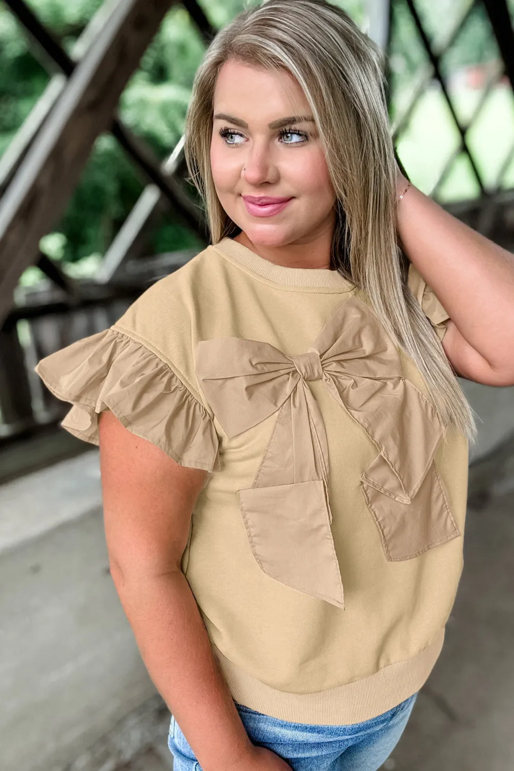 Parchment Ruffled Short Sleeve Bowknot Applique Crew Neck Plus Size Top sold by Beagle Boutique product image thumbnail 3