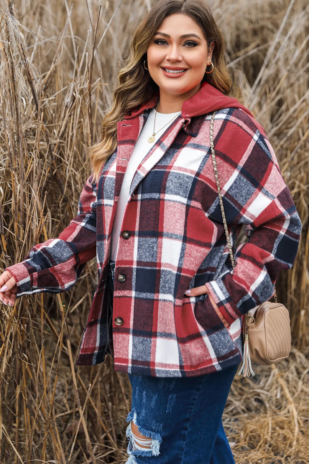Red Printed Plus Size Plaid Button up Hooded Jacket sold by Beagle Boutique product image thumbnail 3