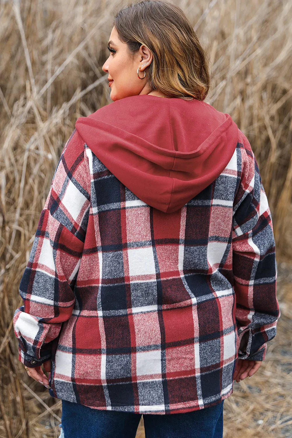 Red Printed Plus Size Plaid Button up Hooded Jacket sold by Beagle Boutique product image thumbnail 2