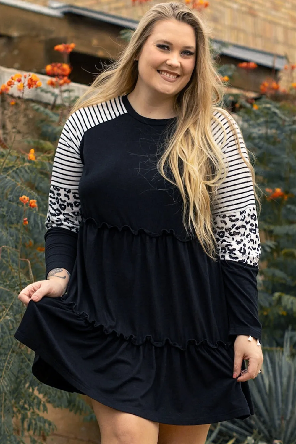 Black Plus Size Striped Leopard Patch Sleeve Ruffle Tiered Dress sold by Beagle Boutique