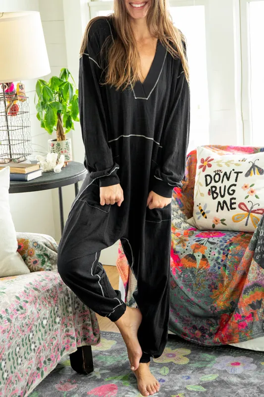 Black Flatlock Seam Detail V Neck Baggy Jumpsuit sold by Beagle Boutique