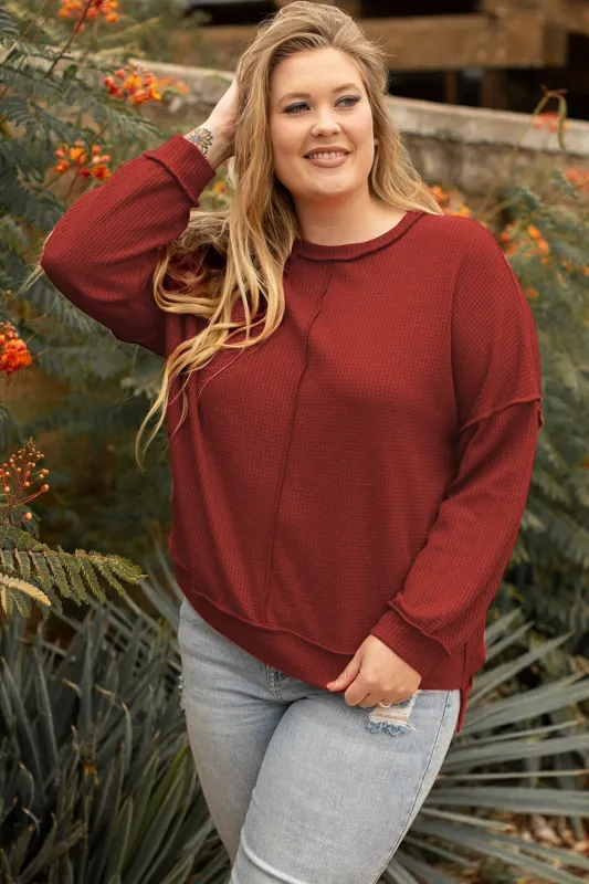 Gold Flame Exposed Seam Detail Waffle Knit Plus Size Top sold by Beagle Boutique