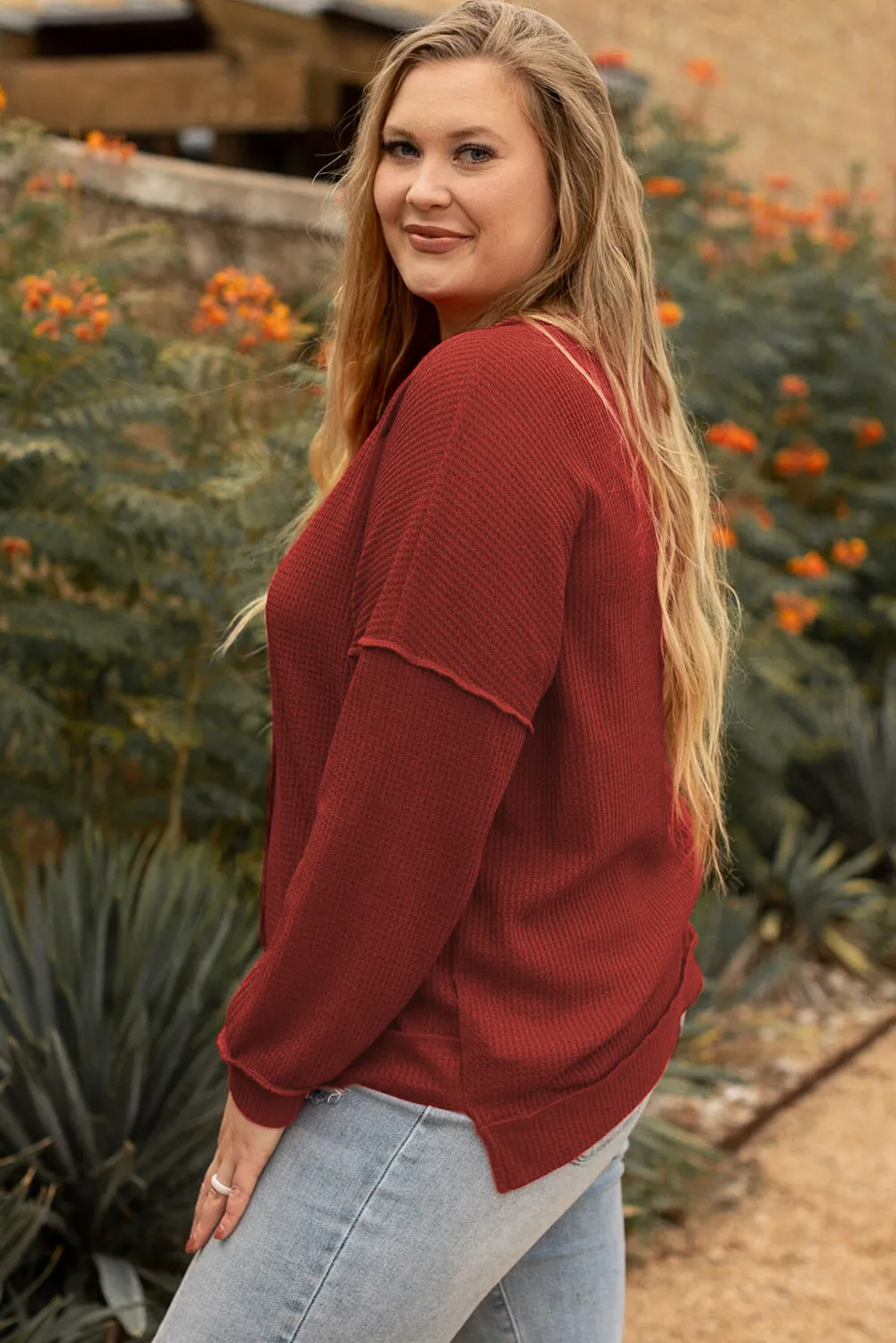 Gold Flame Exposed Seam Detail Waffle Knit Plus Size Top sold by Beagle Boutique product image thumbnail 3