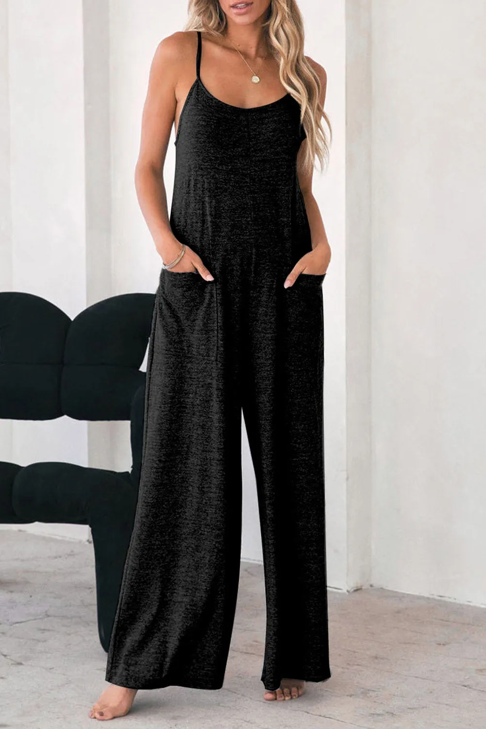 Grey Patch Pockets Spaghetti Strap Wide Leg Jumpsuit sold by Beagle Boutique product image thumbnail 4