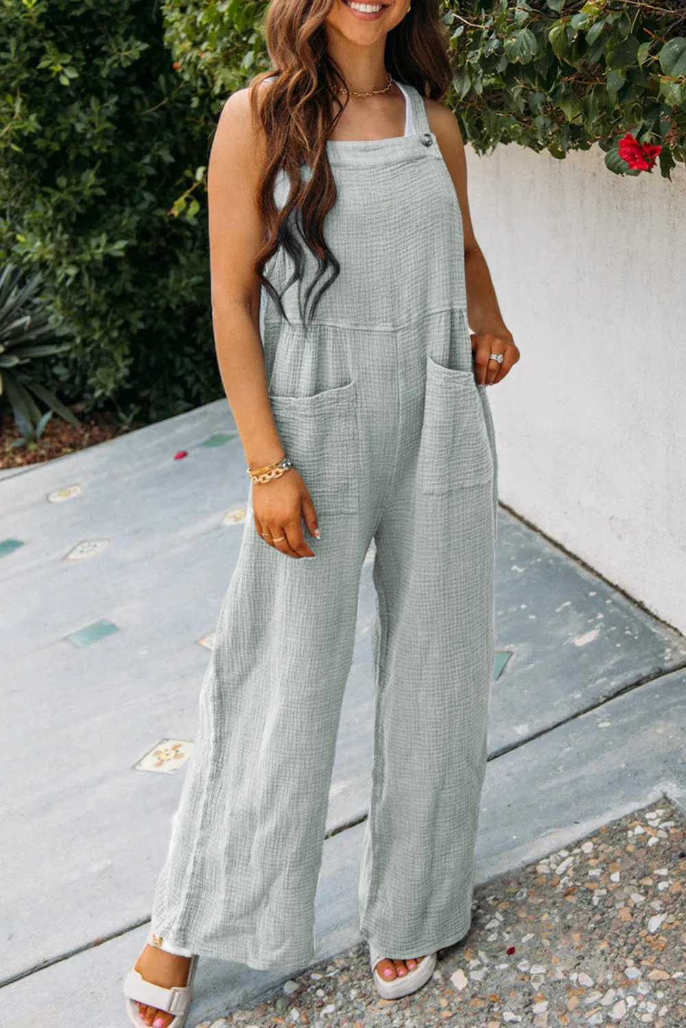 Grey Textured Wide Leg Overall with Pockets sold by Beagle Boutique