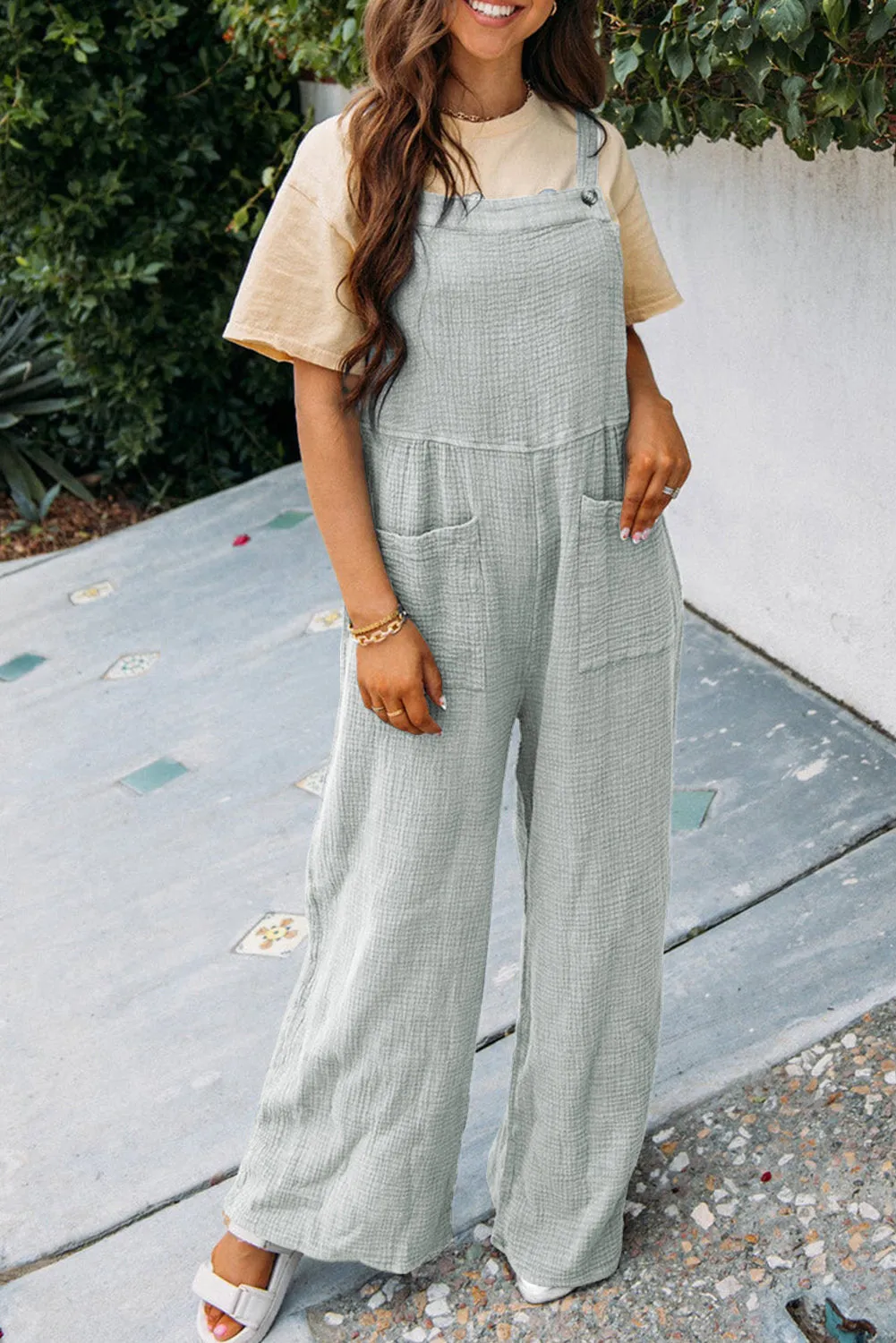 Grey Textured Wide Leg Overall with Pockets sold by Beagle Boutique product image thumbnail 2