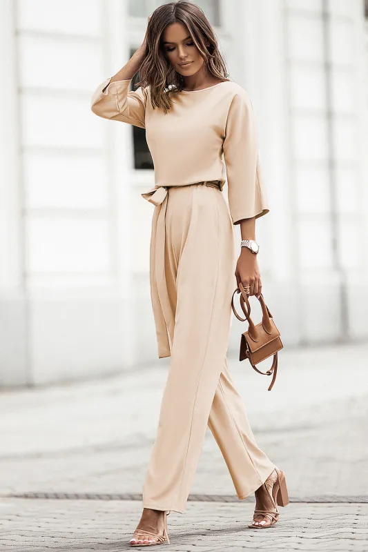 Apricot Bracelet Sleeve Waist Tie Wide Leg Jumpsuit sold by Beagle Boutique