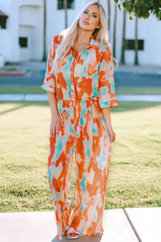 Multicolor Bohemian Tie Dye Pleated Shirt Collar Loose Jumpsuit sold by Beagle Boutique