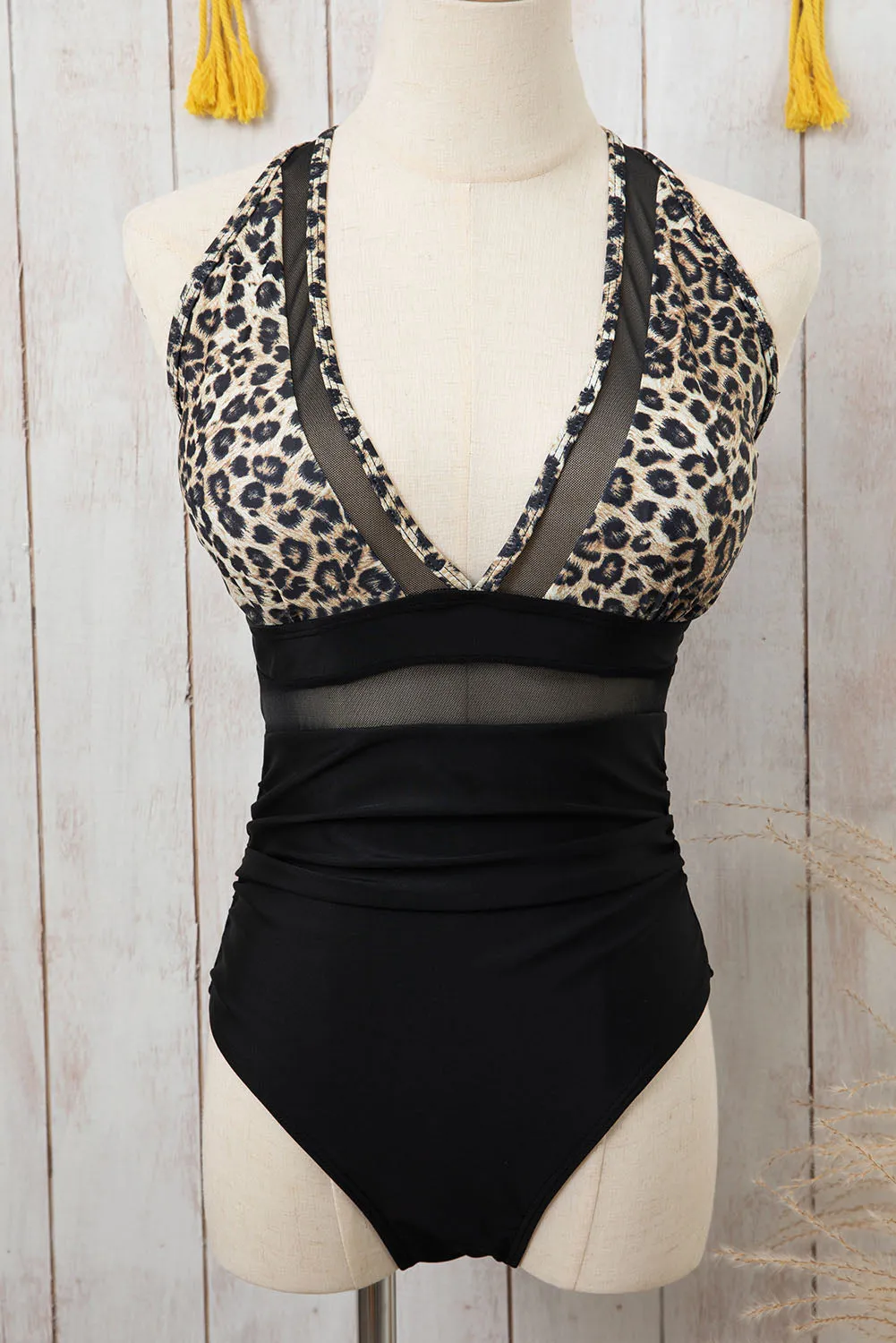 Brown Leopard Mesh Insert V Neck High Waist Monokini sold by Beagle Boutique product image thumbnail 2