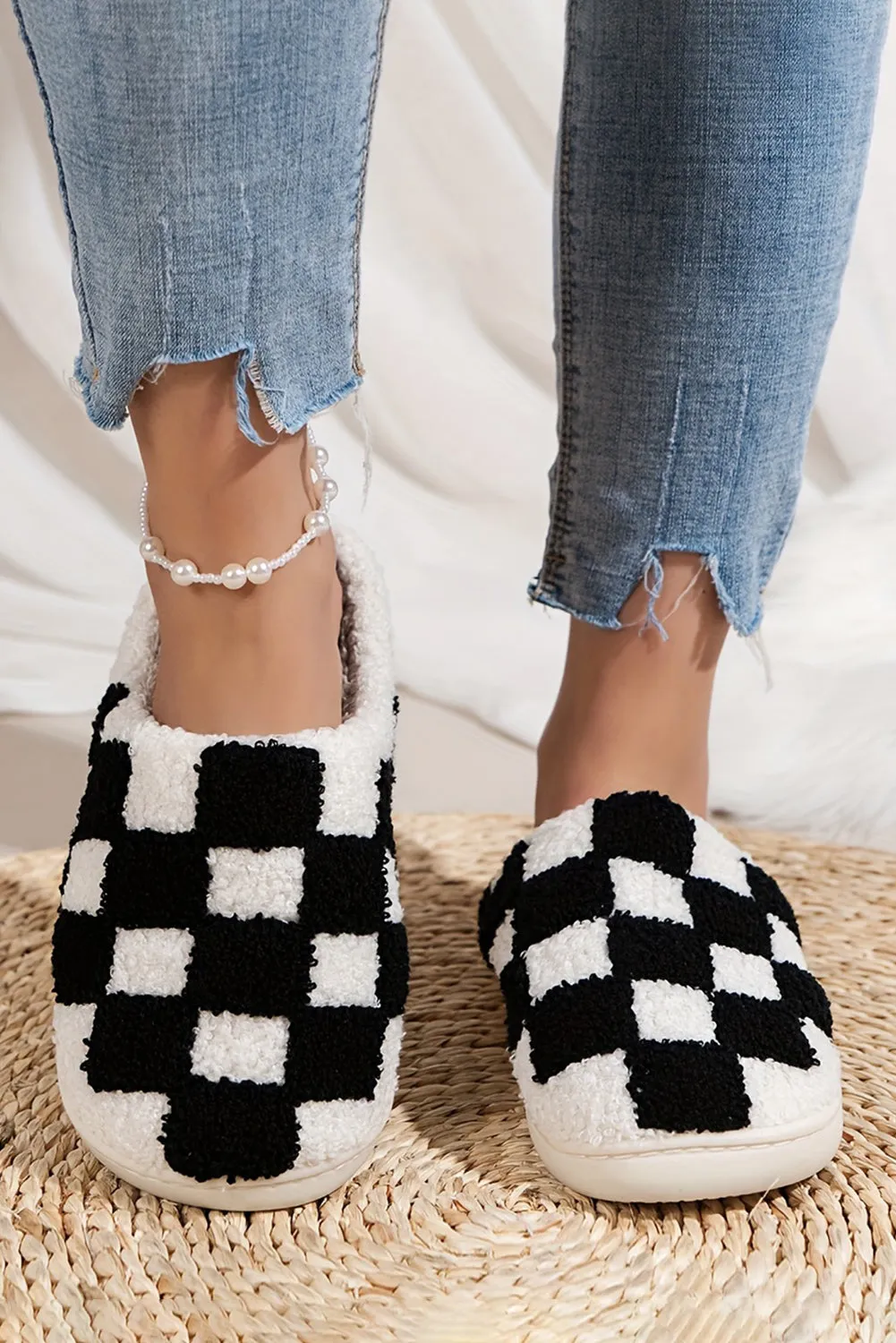 Black Checkered Print Fuzzy Slip On Winter Slippers sold by Beagle Boutique product image thumbnail 2