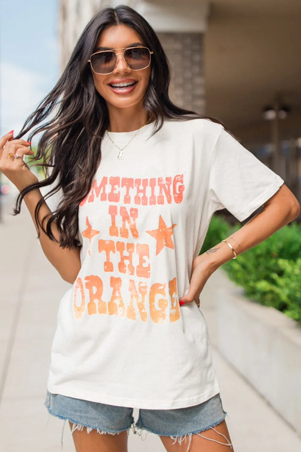 White SOMETHING IN THE ORANGE Graphic Crew Neck T Shirt sold by Beagle Boutique product image thumbnail 3