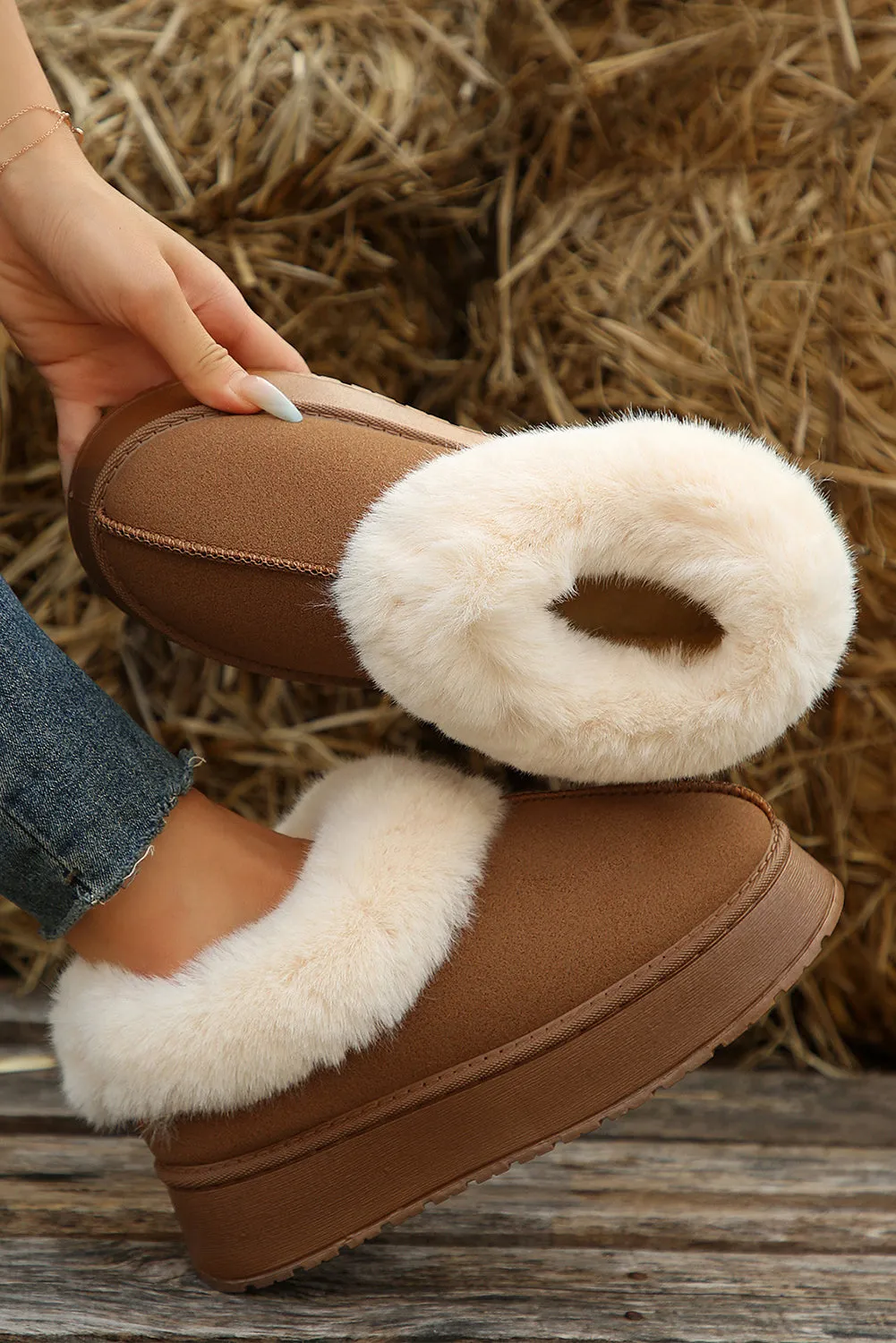 Chestnut Plush Suede Trim Thick Sole Flat Slippers sold by Beagle Boutique
