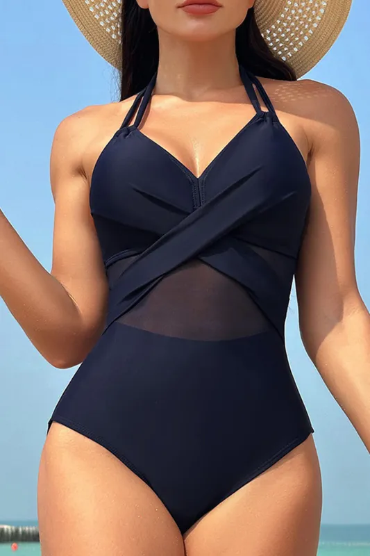 Navy Blue Halter Mesh Insert Cross Front One-Piece Swimsuit sold by Beagle Boutique