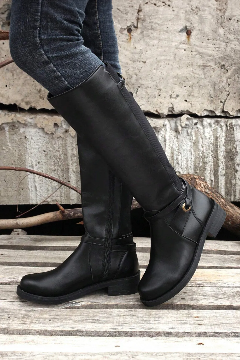 Black Side Zipper Knee High Chunky Low Heel Boots sold by Beagle Boutique product image thumbnail 3