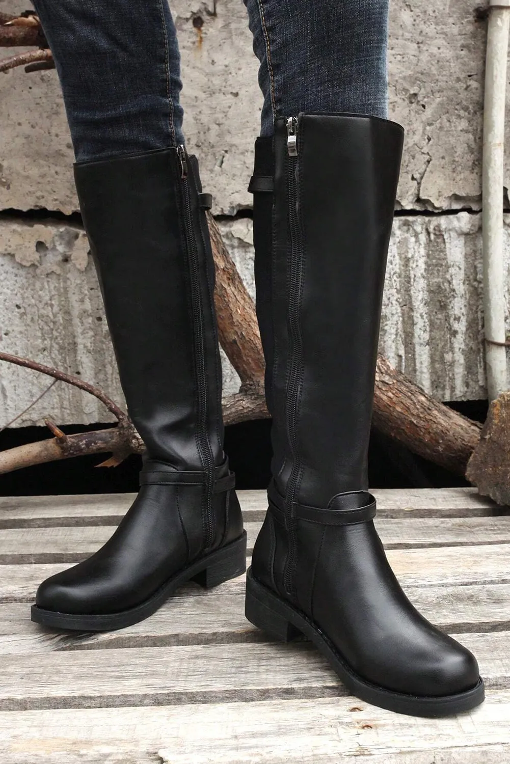 Black Side Zipper Knee High Chunky Low Heel Boots sold by Beagle Boutique product image thumbnail 2
