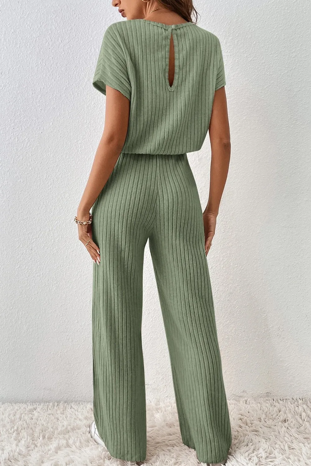 Black Solid Colour Ribbed Short Sleeve Wide Leg Jumpsuit sold by Beagle Boutique product image thumbnail 5