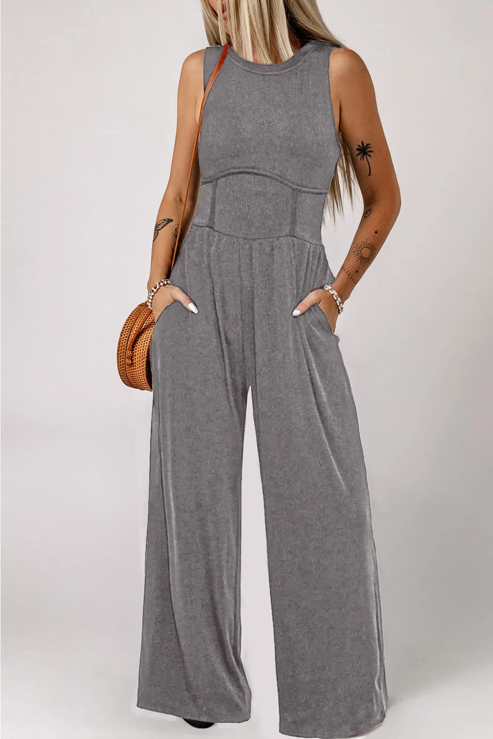 Blackish Green Cinched Waist Sleeveless Wide Leg Jumpsuit sold by Beagle Boutique product image thumbnail 4
