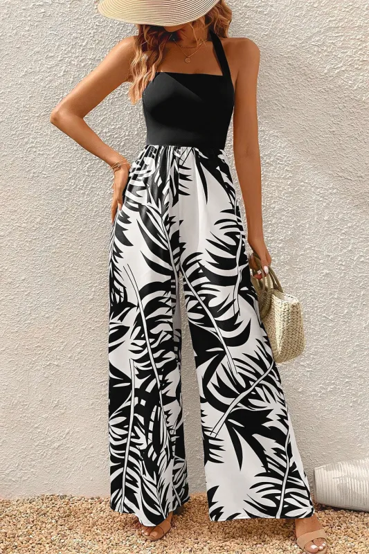 Black Halter Tropical Plant Print Wide Leg Jumpsuit sold by Beagle Boutique