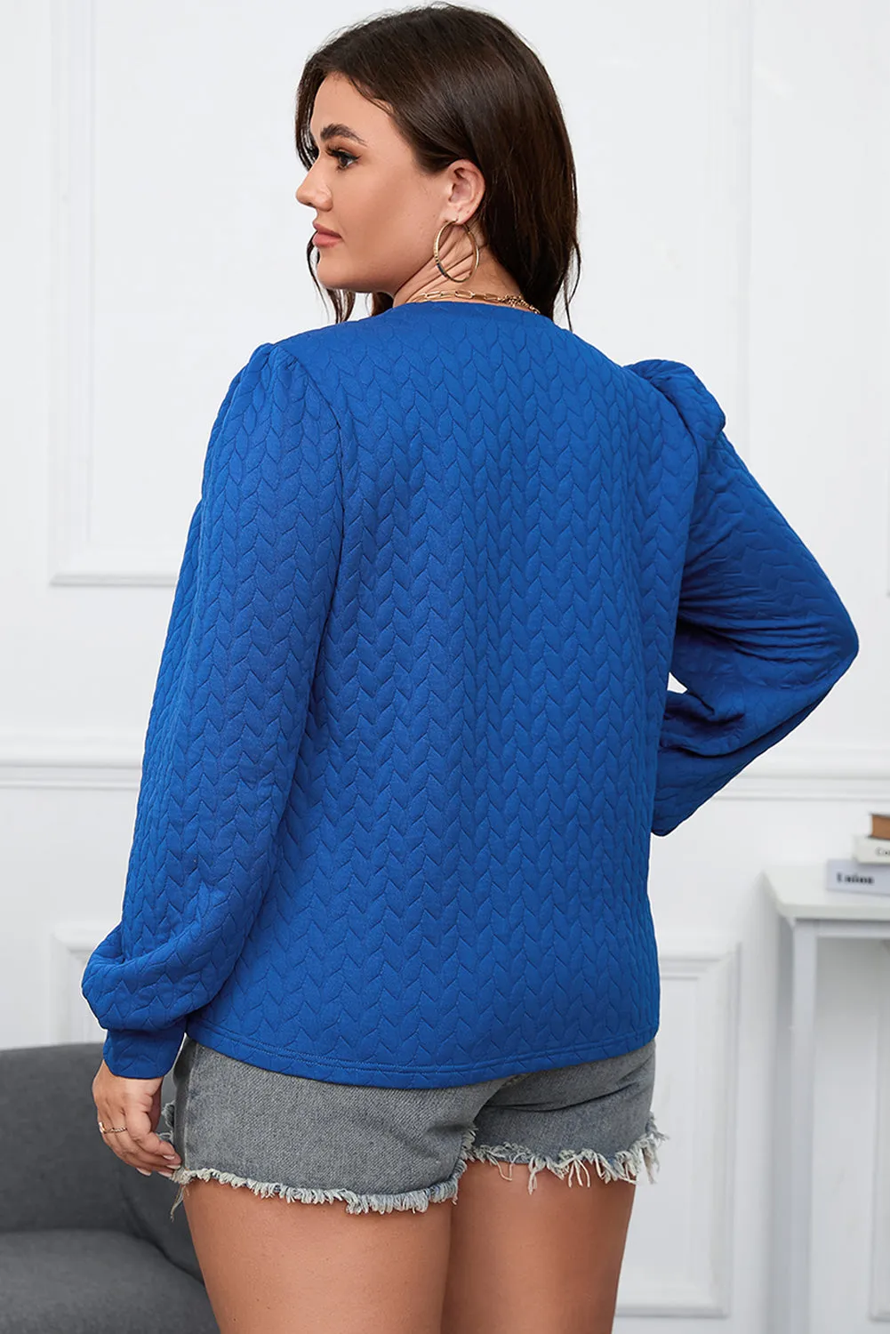 Dark Blue Cable Pattern Puff Sleeve Plus Size Top sold by Beagle Boutique product image thumbnail 2