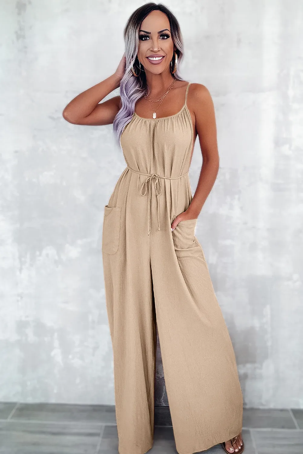 Chestnut Spaghetti Straps Waist Tie Wide Leg Jumpsuit with Pockets sold by Beagle Boutique product image thumbnail 3