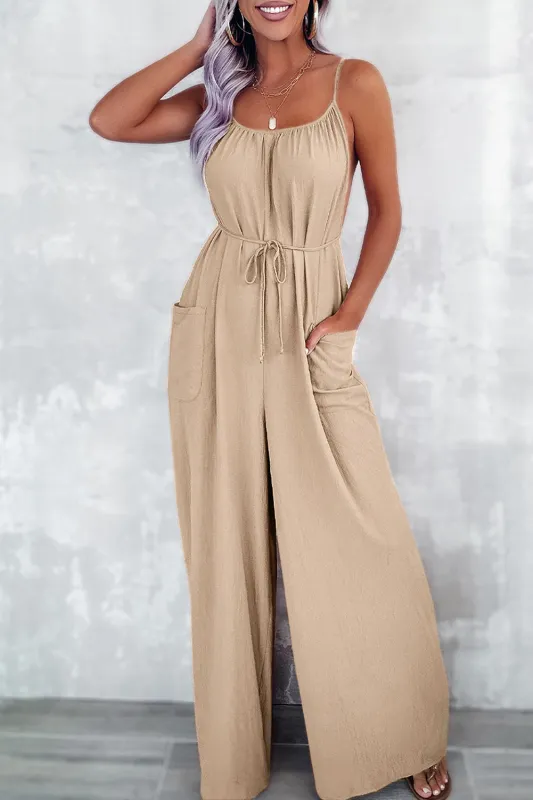 Chestnut Spaghetti Straps Waist Tie Wide Leg Jumpsuit with Pockets sold by Beagle Boutique