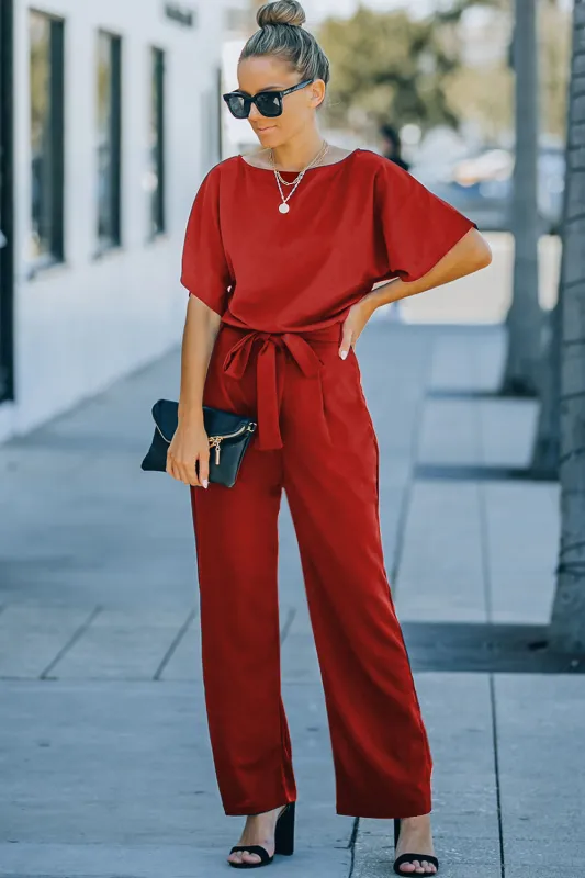 Fiery Red Belted Wide Leg Jumpsuit sold by Beagle Boutique