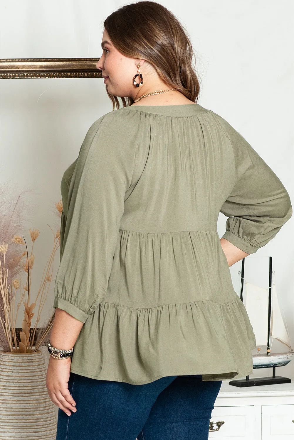 Green Plus Size Ruffle Tiered Split Neck Shirt sold by Beagle Boutique product image thumbnail 2