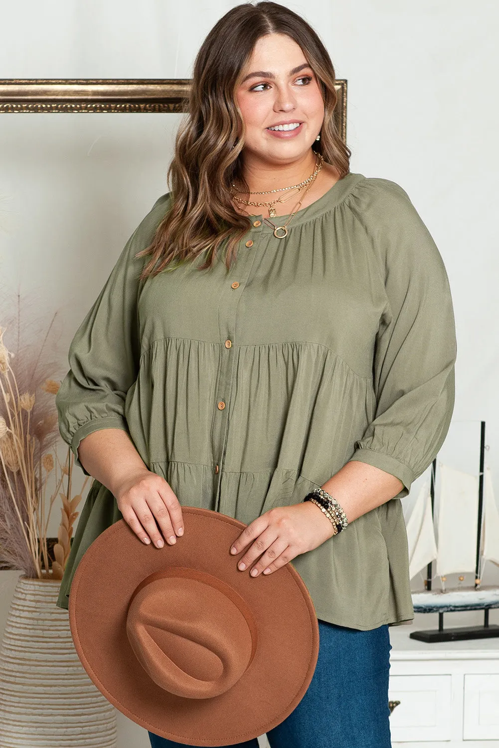 Green Plus Size Ruffle Tiered Split Neck Shirt sold by Beagle Boutique