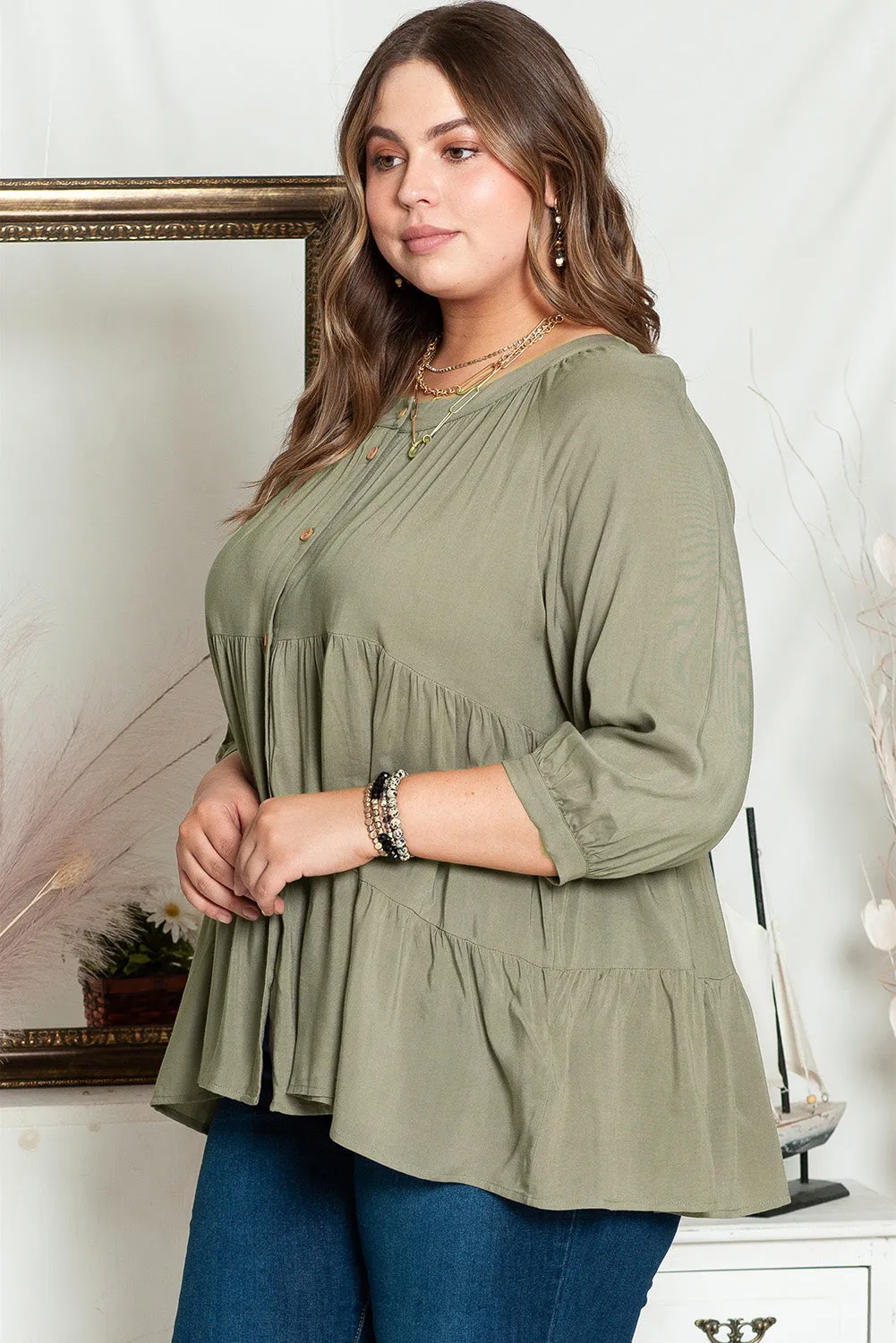 Green Plus Size Ruffle Tiered Split Neck Shirt sold by Beagle Boutique product image thumbnail 3