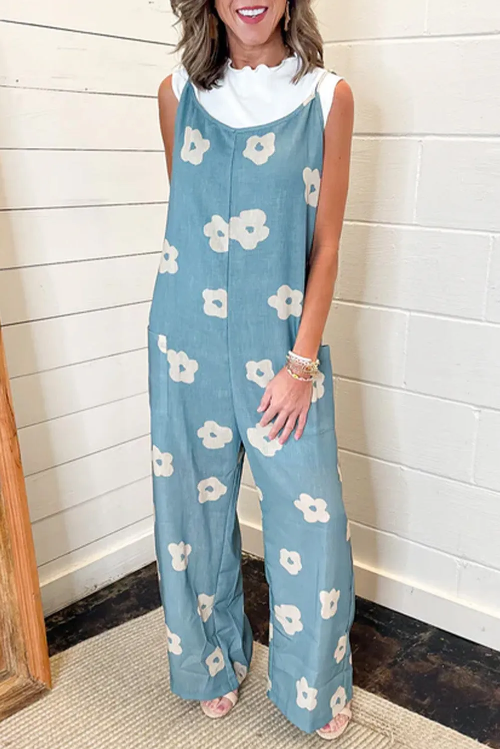 Blue Flower Wide Leg Loose Jumpsuit sold by Beagle Boutique