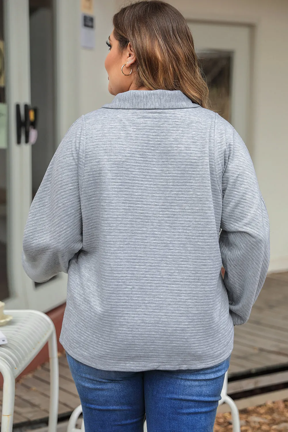 Light Grey Quarter Zipper Collared Ribbed Knit Plus Size Top sold by Beagle Boutique product image thumbnail 2